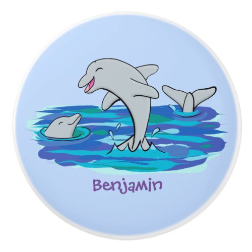 Adorable happy dolphins cartoon illustration ceramic knob