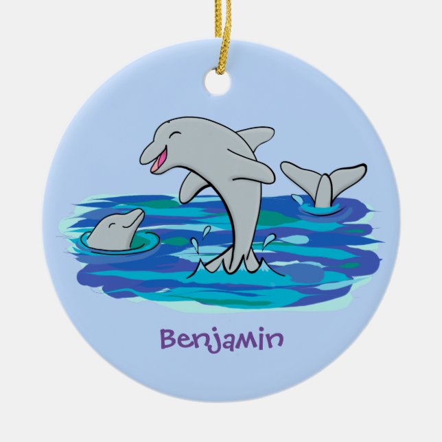 Adorable happy dolphins cartoon illustration ceramic ornament (Front)