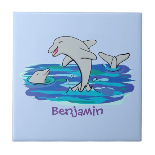 Adorable happy dolphins cartoon illustration ceramic tile