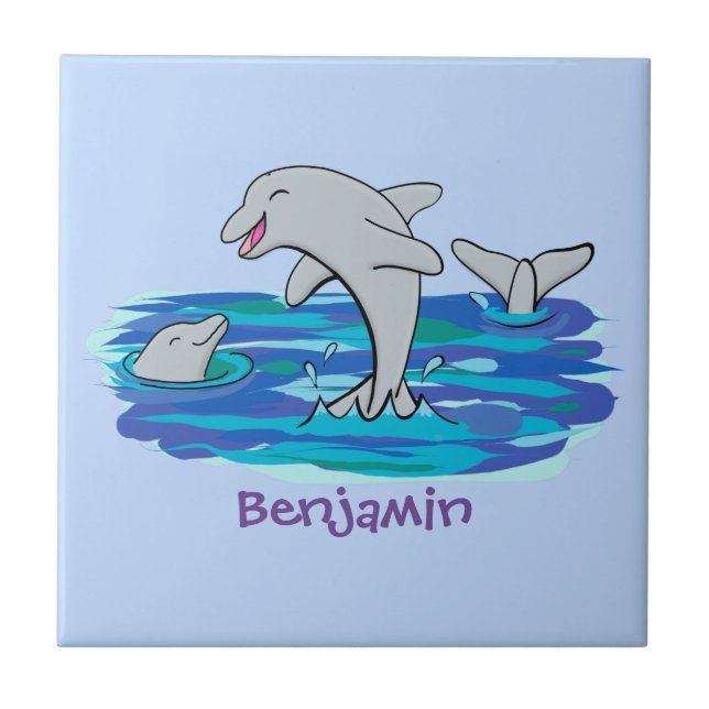 Adorable happy dolphins cartoon illustration ceramic tile (Front)