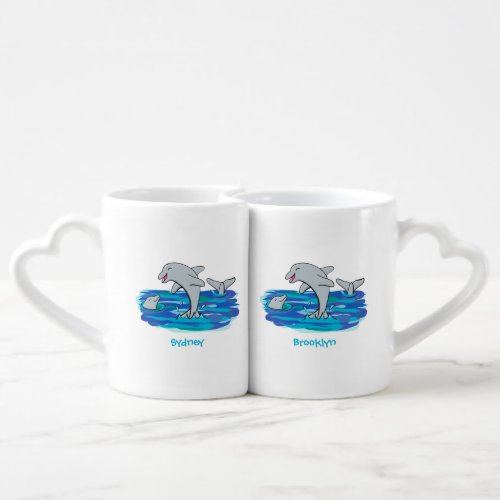 Adorable happy dolphins cartoon illustration coffee mug set