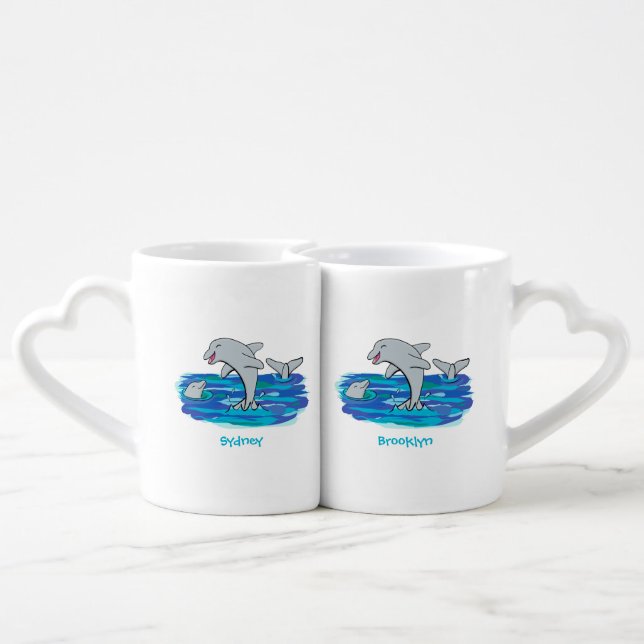Adorable happy dolphins cartoon illustration coffee mug set (Back Nesting)