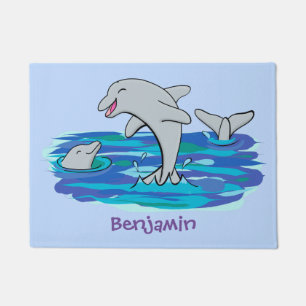 Adorable happy dolphins cartoon illustration doormat