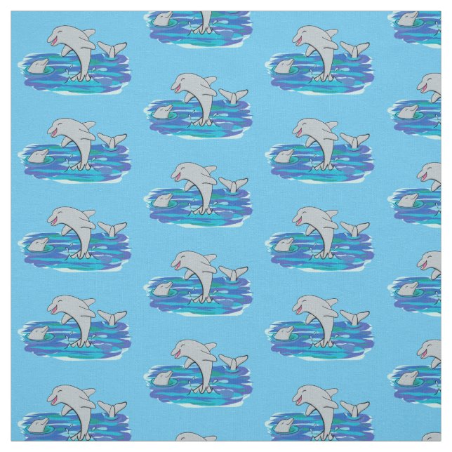 Adorable happy dolphins cartoon illustration fabric (Swatch)