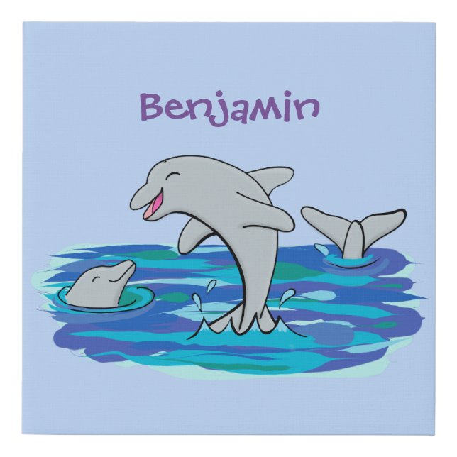 Adorable happy dolphins cartoon illustration faux canvas print (Front)