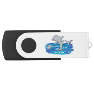 Adorable happy dolphins cartoon illustration flash drive