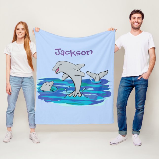 Adorable happy dolphins cartoon illustration fleece blanket (In Situ)