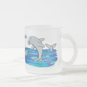 Adorable happy dolphins cartoon illustration frosted glass coffee mug