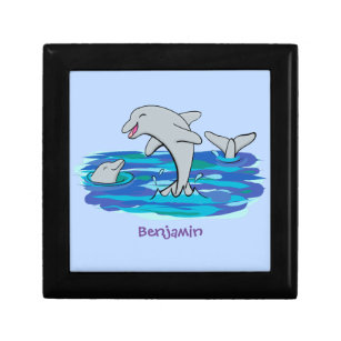Adorable happy dolphins cartoon illustration gift box