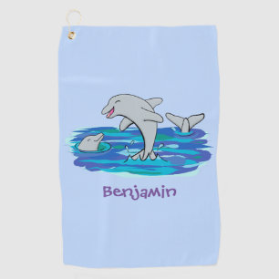 Adorable happy dolphins cartoon illustration golf towel