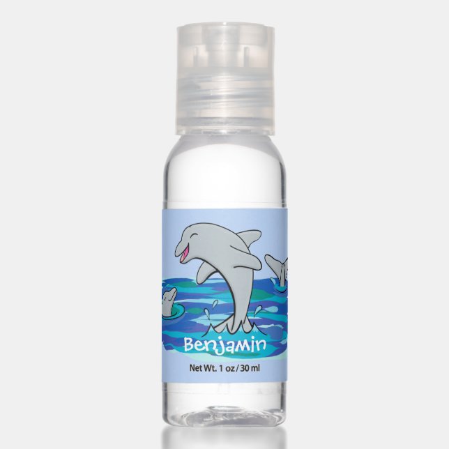 Adorable happy dolphins cartoon illustration hand sanitizer (Front)