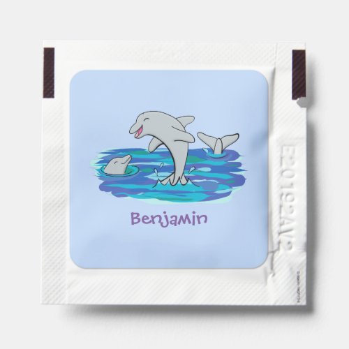 Adorable happy dolphins cartoon illustration hand sanitizer packet