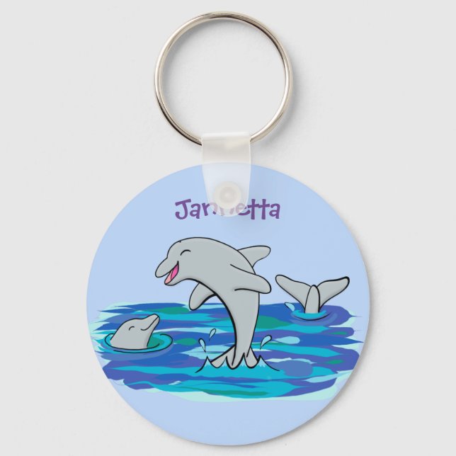 Adorable happy dolphins cartoon illustration keychain (Front)
