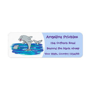 Adorable happy dolphins cartoon illustration label