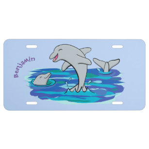 Adorable happy dolphins cartoon illustration  license plate