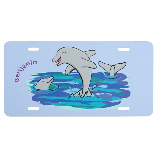 Adorable happy dolphins cartoon illustration  license plate (Front)