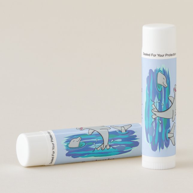 Adorable happy dolphins cartoon illustration lip balm (Front)