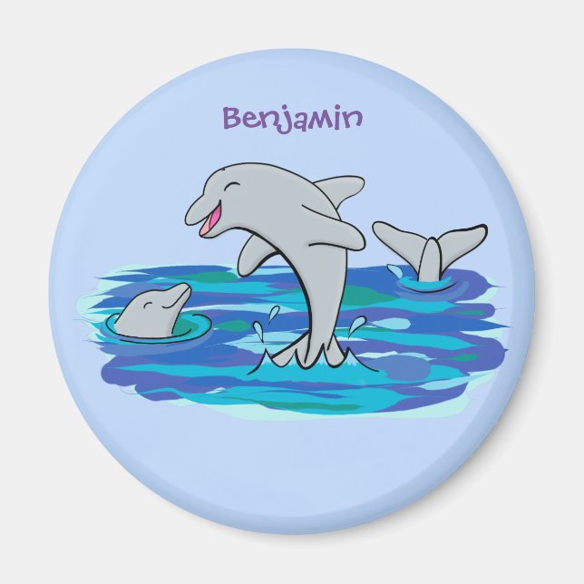 Adorable happy dolphins cartoon illustration magnet (Front)