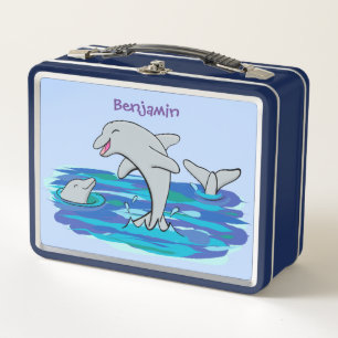 Adorable happy dolphins cartoon illustration metal lunch box