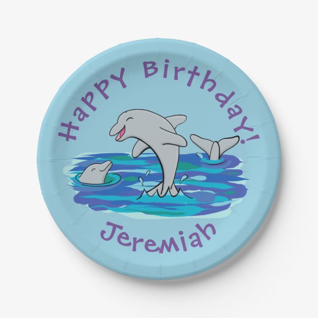 Adorable happy dolphins cartoon illustration paper plates (Front)
