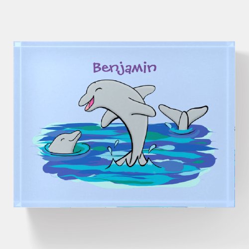 Adorable happy dolphins cartoon illustration paperweight