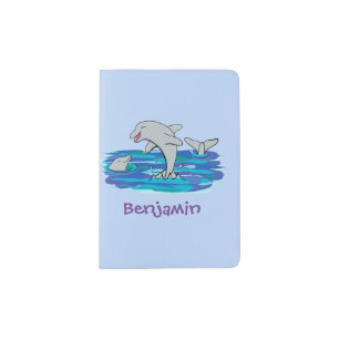 Adorable happy dolphins cartoon illustration passport holder