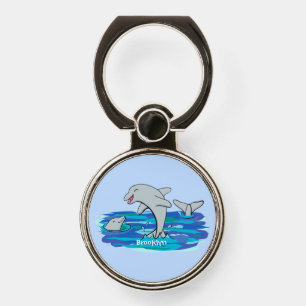 Adorable happy dolphins cartoon illustration phone ring stand