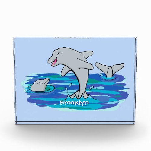 Adorable happy dolphins cartoon illustration photo block