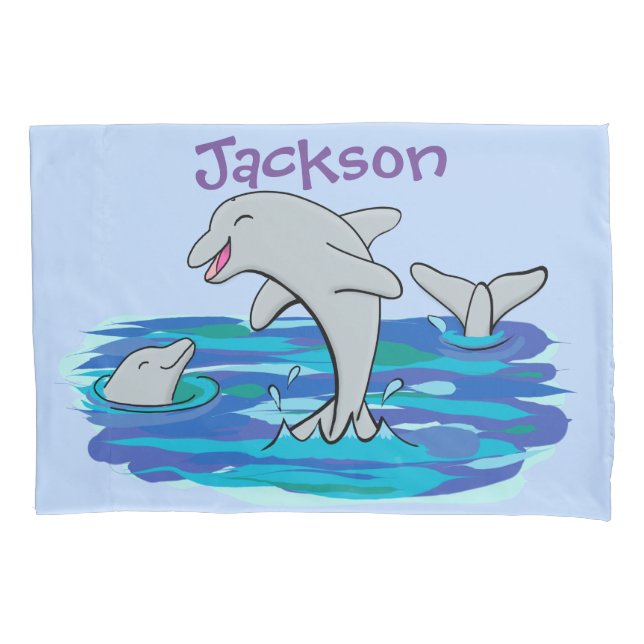 Adorable happy dolphins cartoon illustration pillow case (Front)
