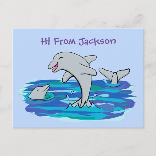 Adorable happy dolphins cartoon illustration postcard