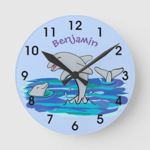 Adorable happy dolphins cartoon illustration round clock