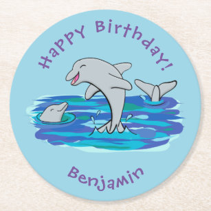 Adorable happy dolphins cartoon illustration round paper coaster