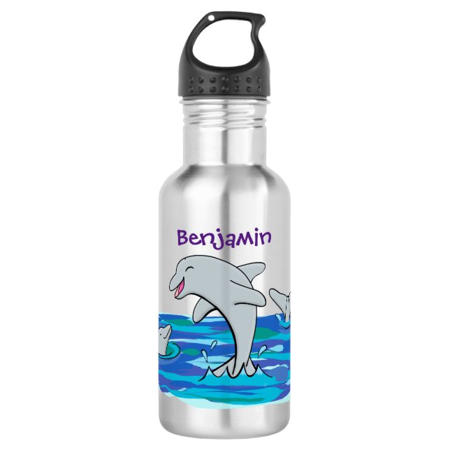 Adorable happy dolphins cartoon illustration stainless steel water bottle (Front)