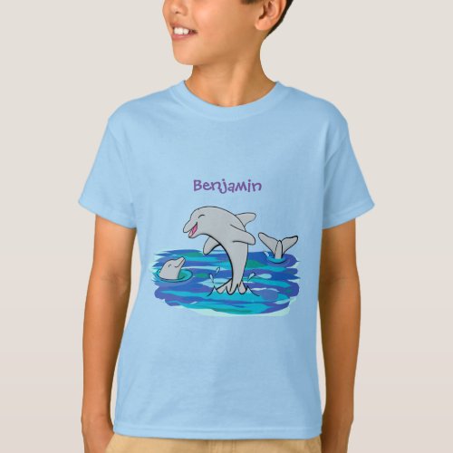 Adorable happy dolphins cartoon illustration T_Shirt