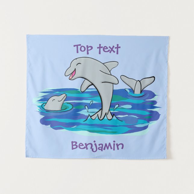 Adorable happy dolphins cartoon illustration  tapestry (Front (Horizontal))