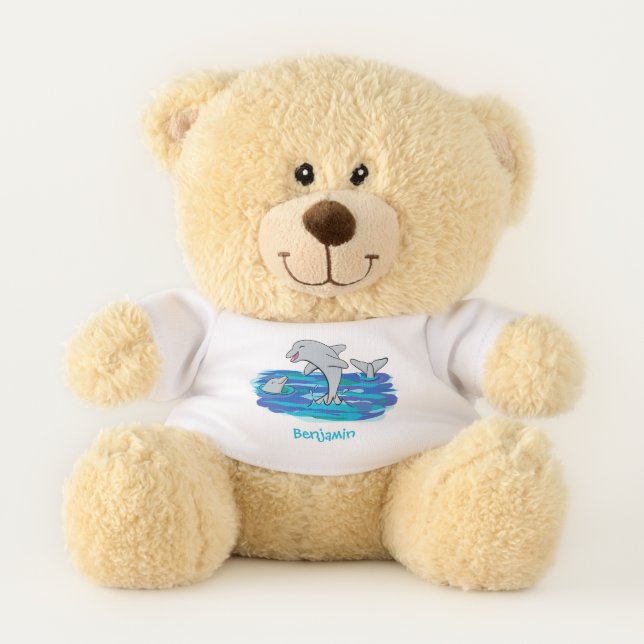 Adorable happy dolphins cartoon illustration teddy bear (Front)