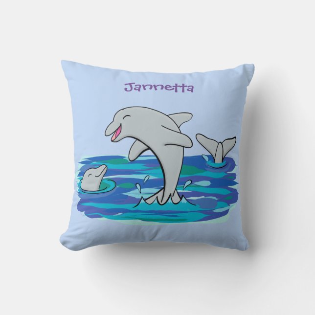 Adorable happy dolphins cartoon illustration throw pillow (Front)