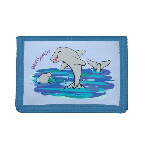 Adorable happy dolphins cartoon illustration trifold wallet