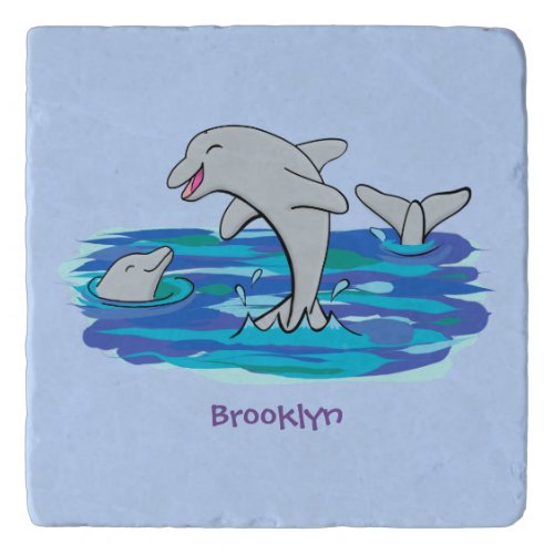 Adorable happy dolphins cartoon illustration trivet