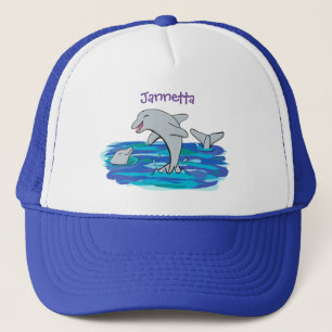 Adorable happy dolphins cartoon illustration trucker hat