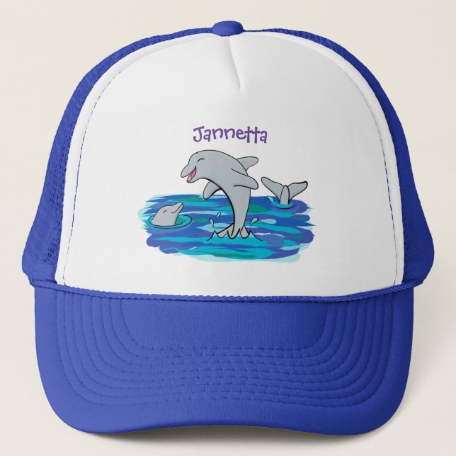 Adorable happy dolphins cartoon illustration trucker hat (Front)