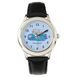 Adorable happy dolphins cartoon illustration  watch