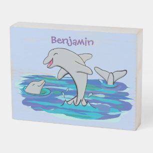 Adorable happy dolphins cartoon illustration wooden box sign