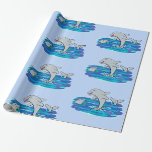 Adorable happy dolphins cartoon illustration wrapping paper