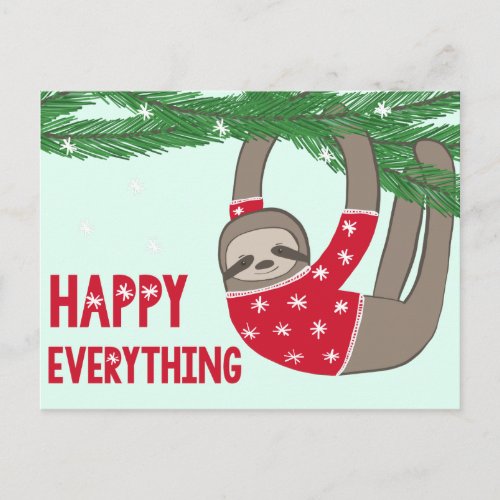 Adorable Happy Everything Sloth in a Sweater Holiday Postcard