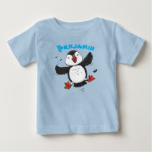 Adorable, happy flying puffin cartoon illustration