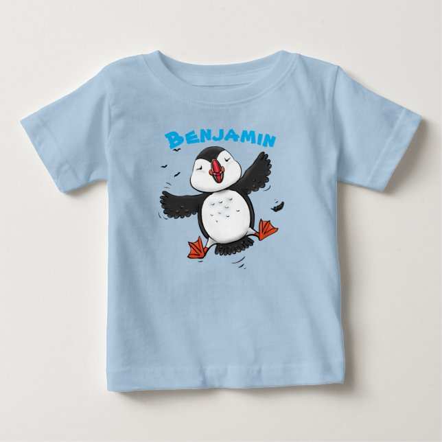 Adorable, happy flying puffin cartoon illustration baby T-Shirt (Front)