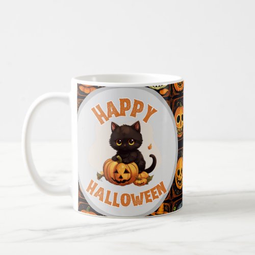Adorable Happy Halloween Black Cat and Pumpkin  Co Coffee Mug