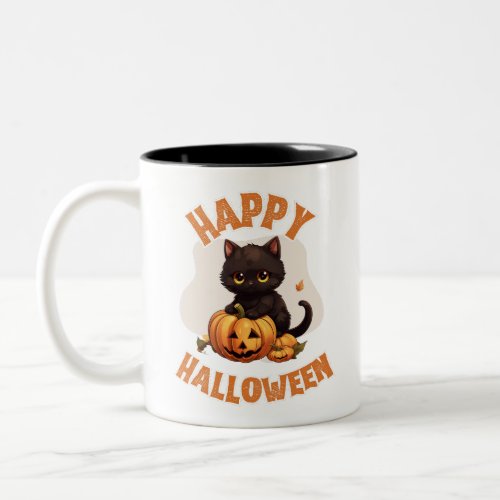 Adorable Happy Halloween Black Cat and Pumpkin Two_Tone Coffee Mug