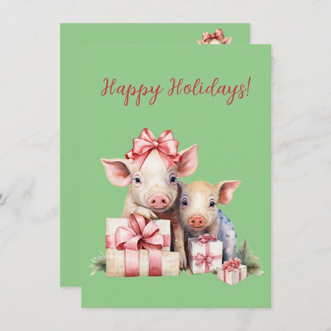 Adorable Happy Holidays Piggies Watercolor Cards (Front/Back)